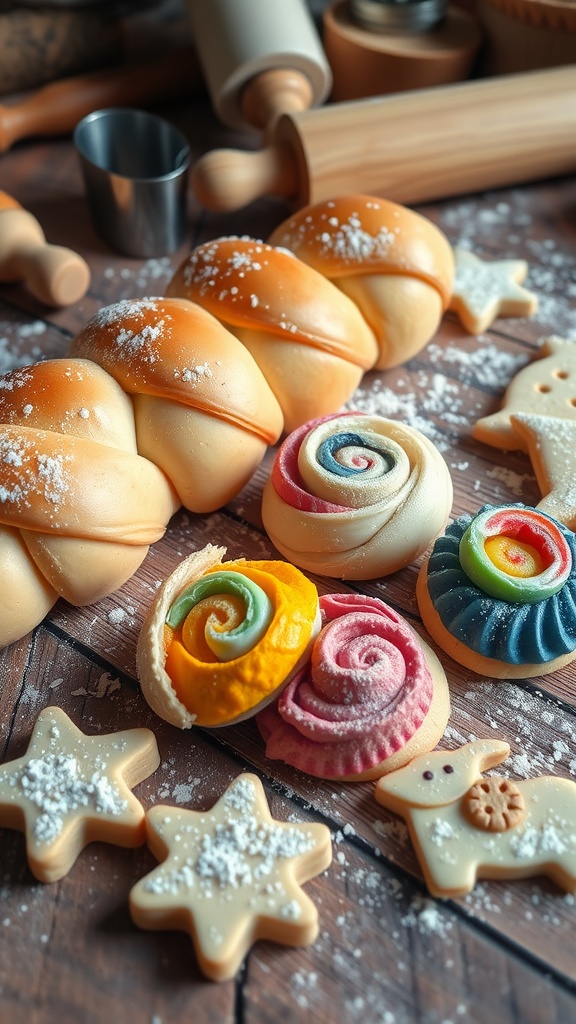 A variety of creatively designed baked goods including braided bread, pastry swirls, and animal-shaped cookies on a wooden table.